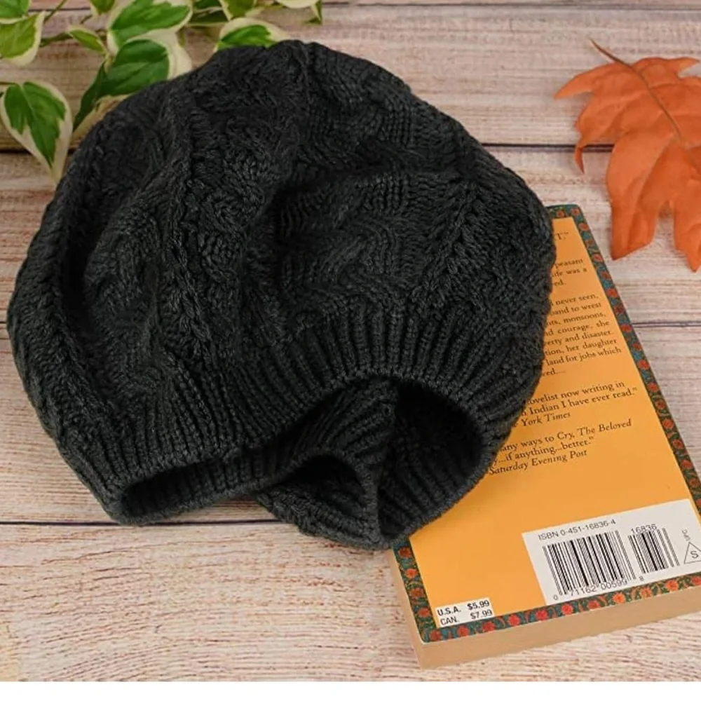 Lightweight Crochet Knitted Style Beanie Hat for Women, Slouchy Hat Black - Picture 2 of 5